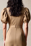 Olive Lapel Puff Sleeve Wedding Guest Dress with Buttons