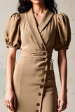 Olive Lapel Puff Sleeve Wedding Guest Dress with Buttons