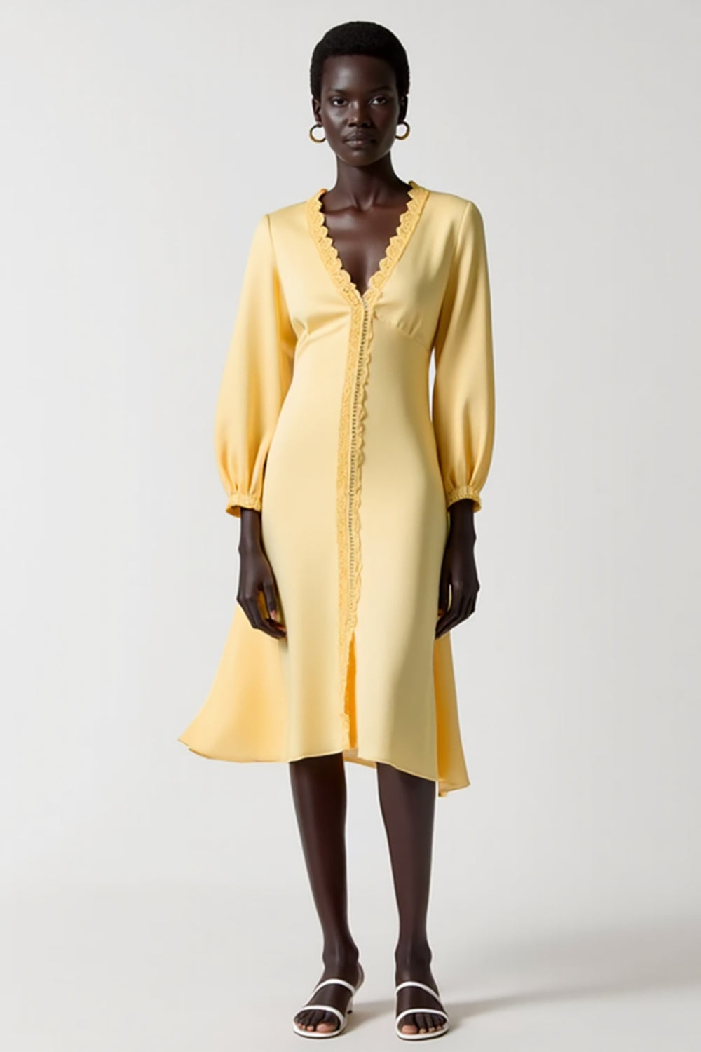Yellow A Line Long Sleeve Midi Wedding Guest Dress