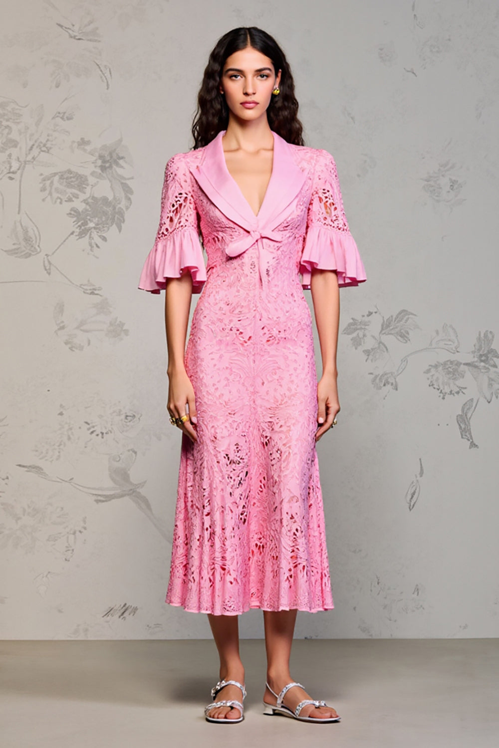 Pink Lace Lapel Ruffled Wedding Guest Dress