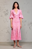 Pink Lace Lapel Ruffled Wedding Guest Dress