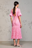 Pink Lace Lapel Ruffled Wedding Guest Dress