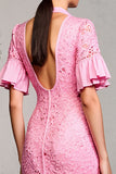Pink Lace Lapel Ruffled Wedding Guest Dress