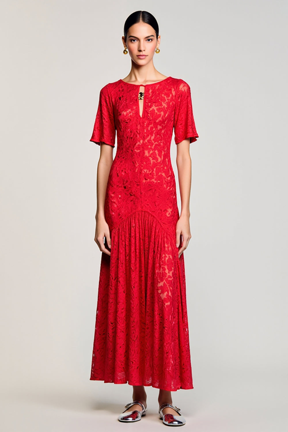 Red A Line Cut Out Lace Wedding Guest Dress