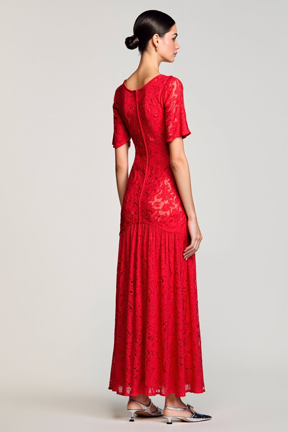 Red A Line Cut Out Lace Wedding Guest Dress