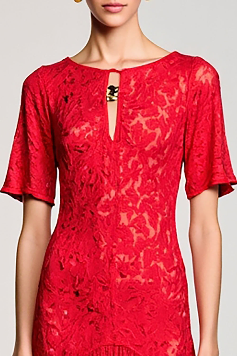 Red A Line Cut Out Lace Wedding Guest Dress