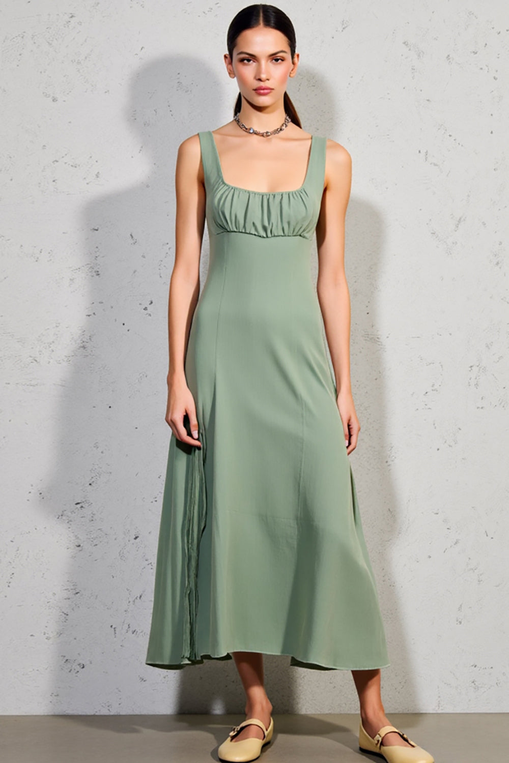 Green Square Neck A Line Wedding Guest Dress