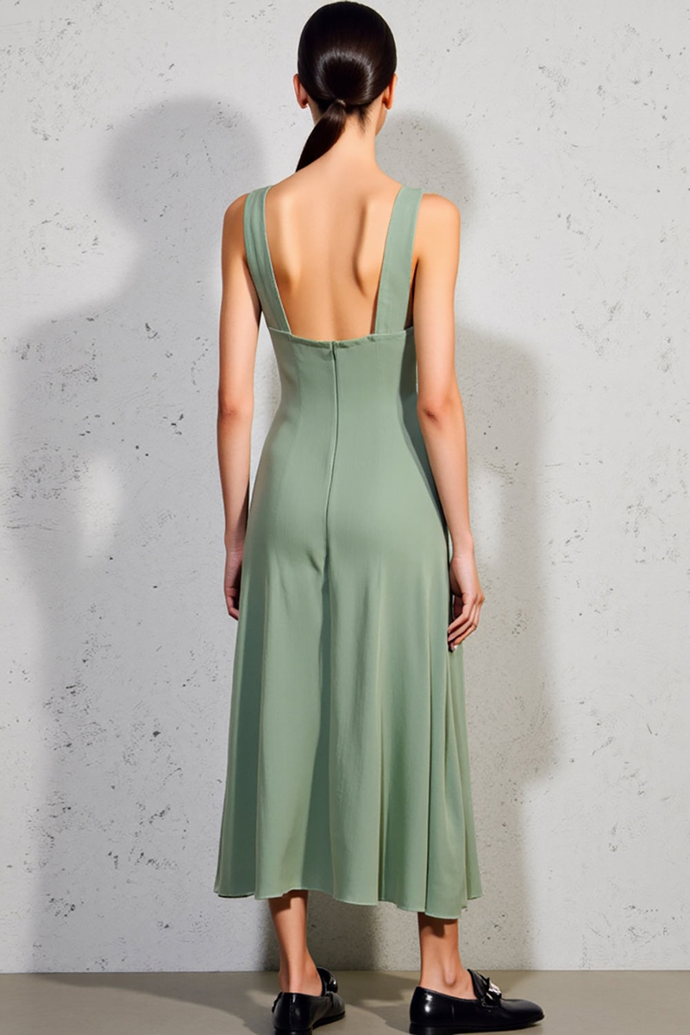 Green Square Neck A Line Wedding Guest Dress