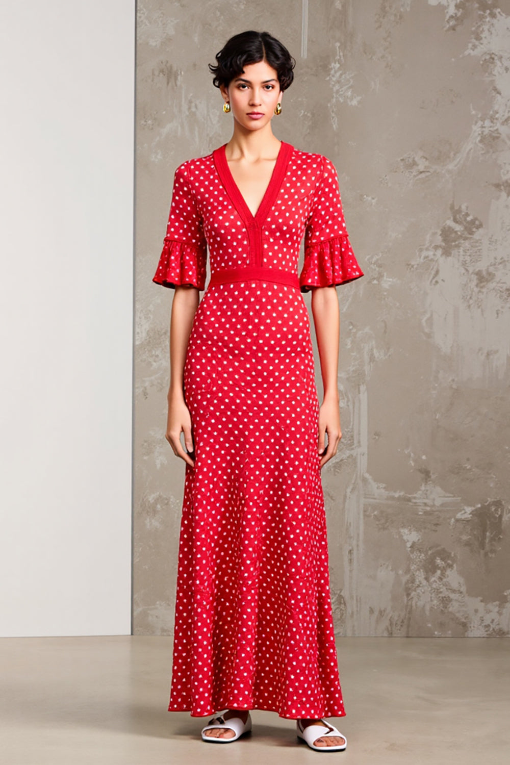 Red V-Neck Short Sleeve Polka Dot Dress
