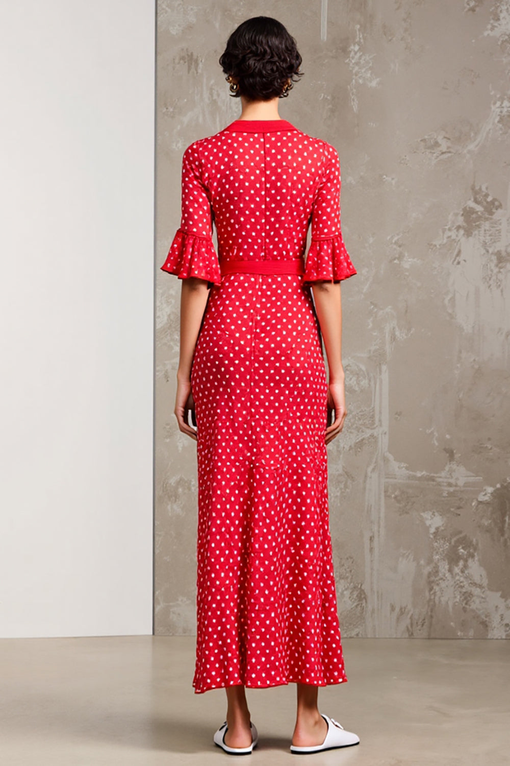 Red V-Neck Short Sleeve Polka Dot Dress