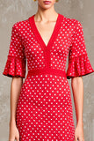 Red V-Neck Short Sleeve Polka Dot Dress
