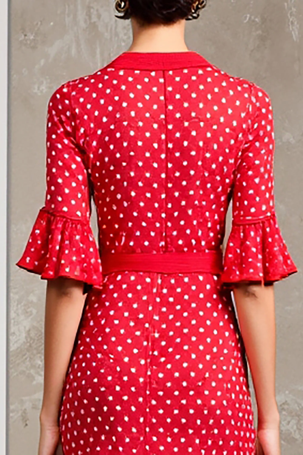 Red V-Neck Short Sleeve Polka Dot Dress