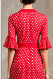 Red V-Neck Short Sleeve Polka Dot Dress
