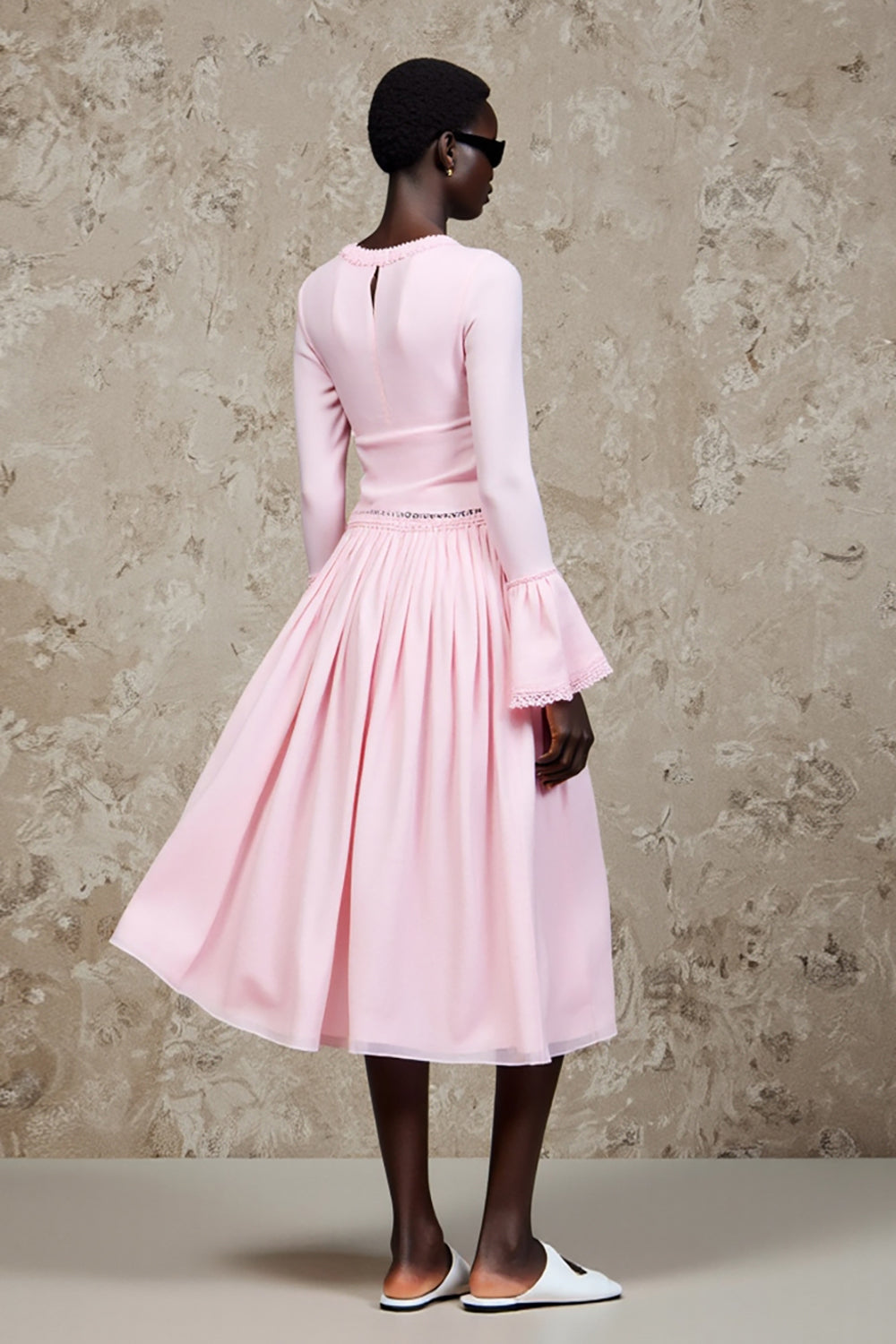 Pink A Line Long Sleeve Wedding Guest Dress