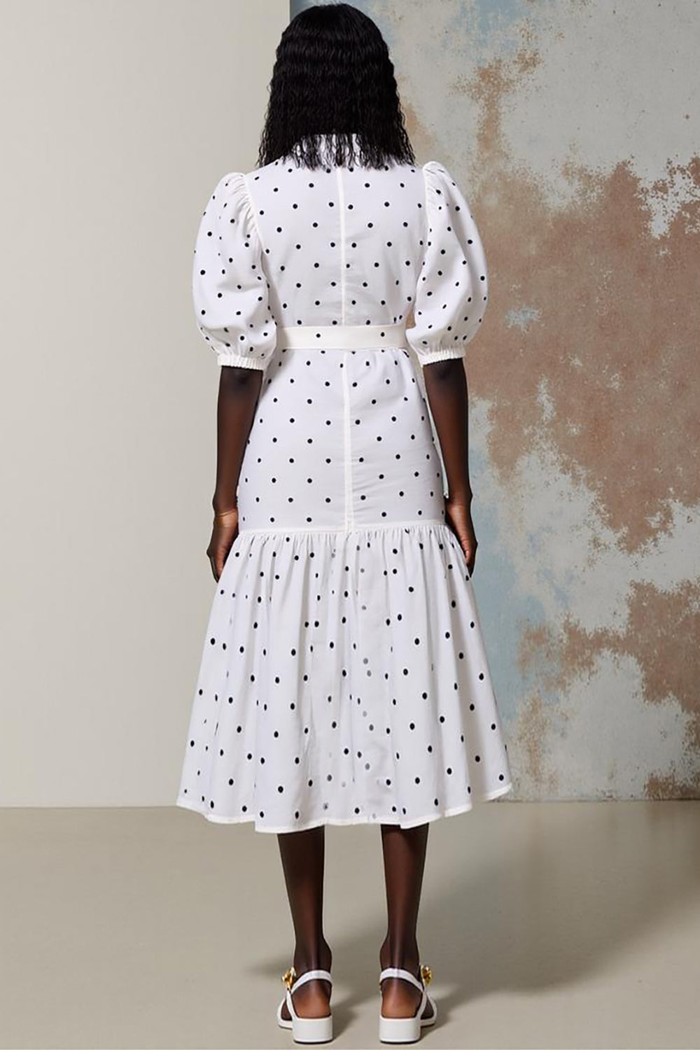 White A Line Midi Polka Dot Dress with Belt