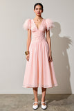 Pink A Line Wedding Guest Dress with Feathers