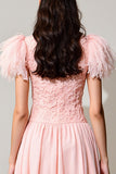Pink A Line Wedding Guest Dress with Feathers