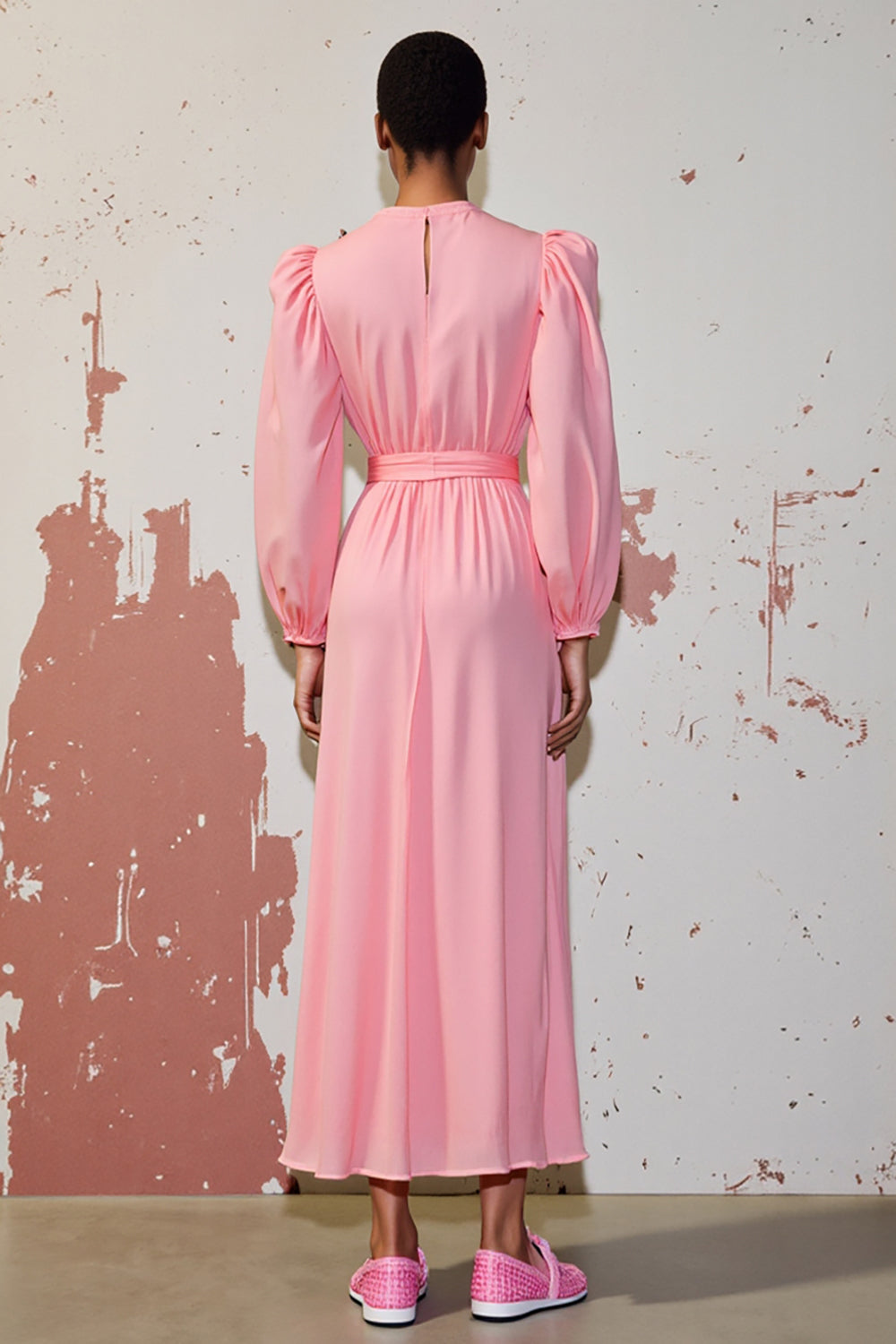 Pink A Line Long Sleeve Wedding Guest Dress with Belt