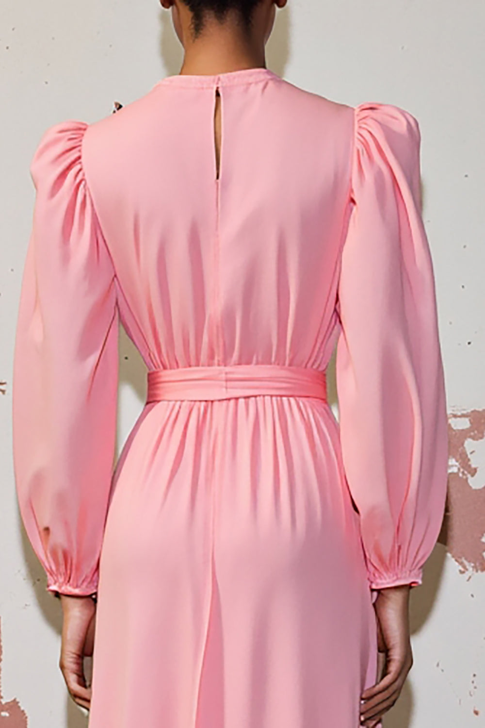 Pink A Line Long Sleeve Wedding Guest Dress with Belt