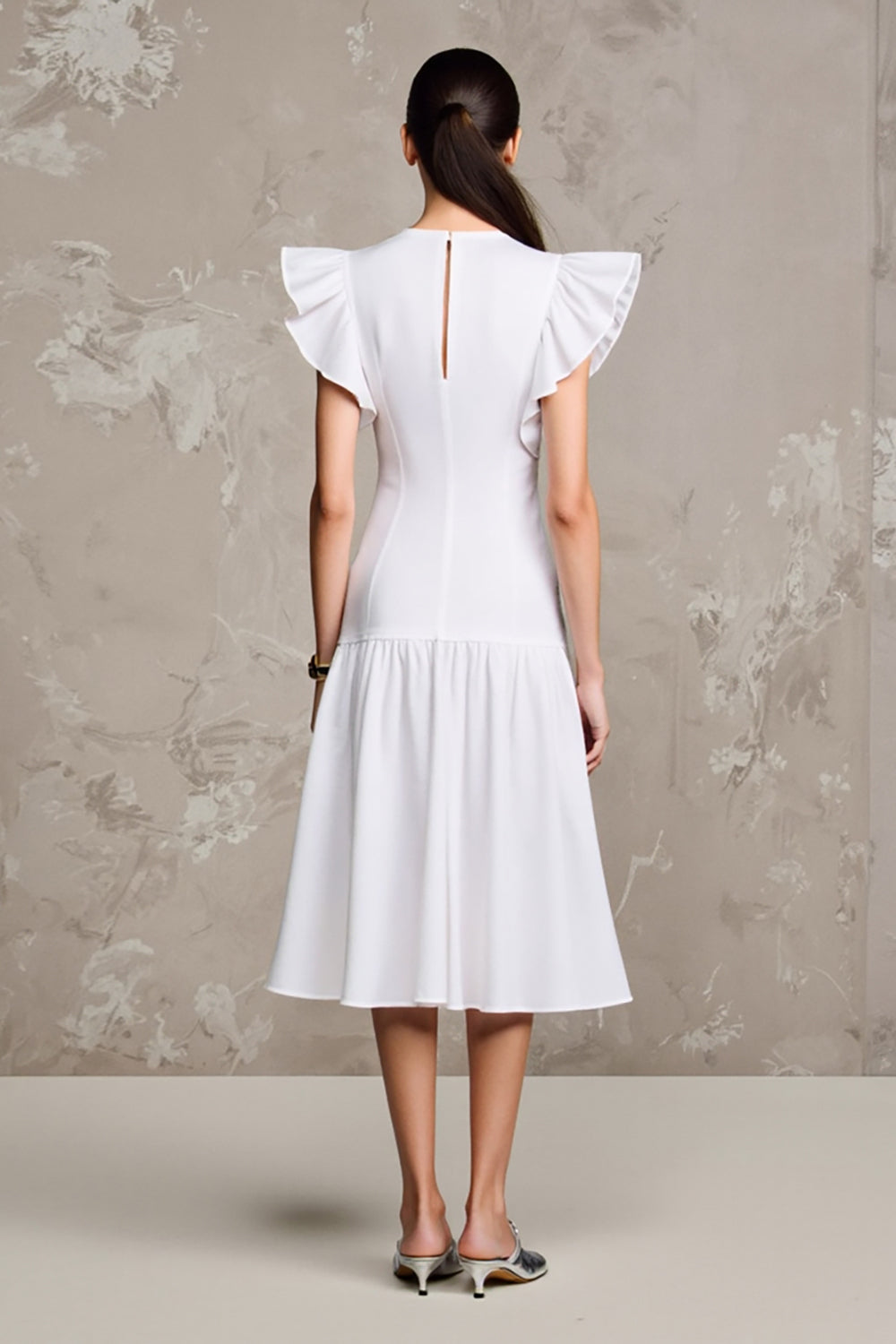 White A Line Flutter Sleeve Wedding Guest Dress