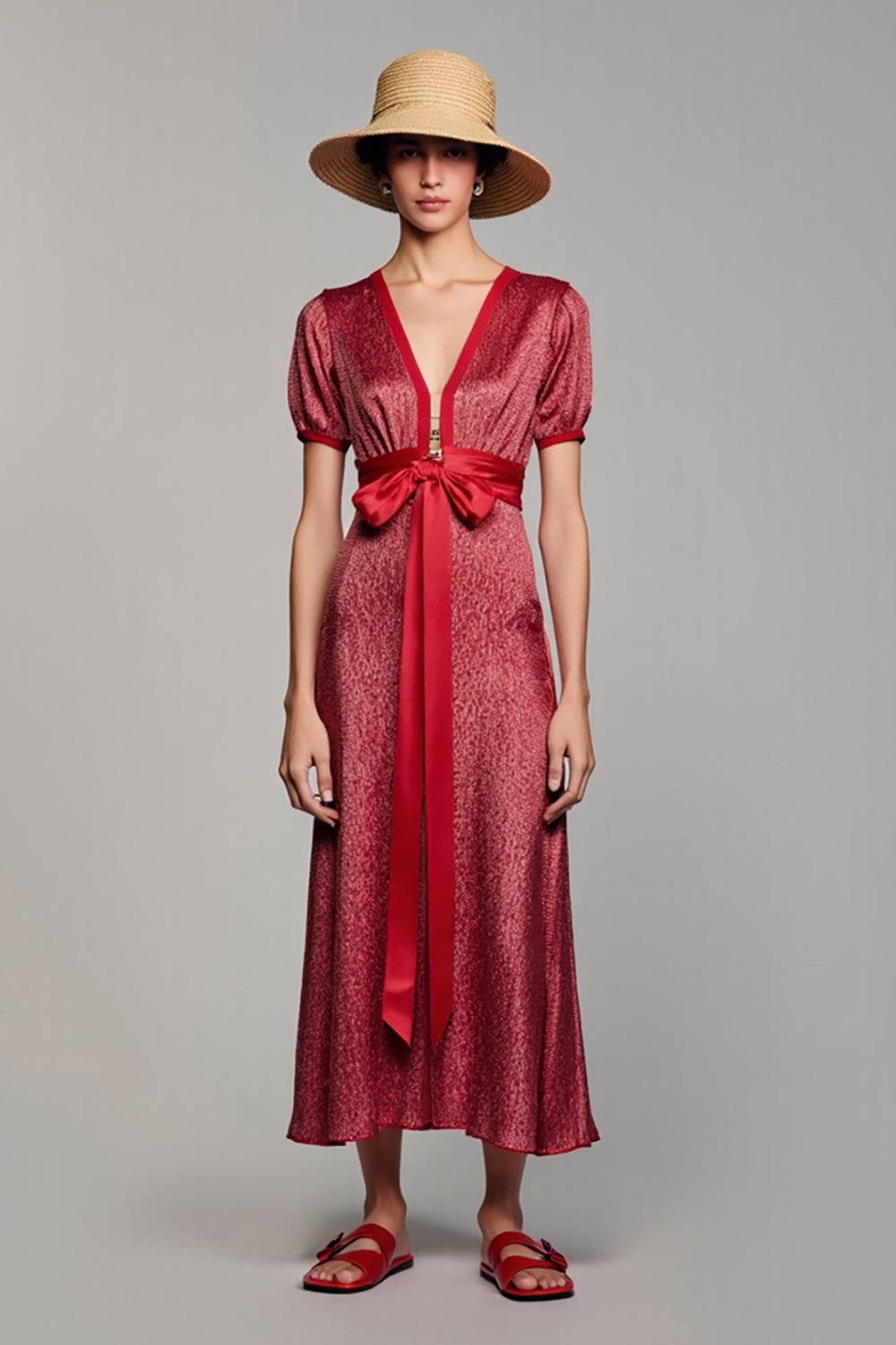 Red Satin V-Neck Long Wedding Guest Dress with Sleeves