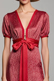 Red Satin V-Neck Long Wedding Guest Dress with Sleeves