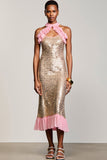 Sparkly Champagne Sheath Long Wedding Guest Dress