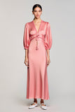 Pink Satin Sheath V-Neck Wedding Guest Dress with Sleeves