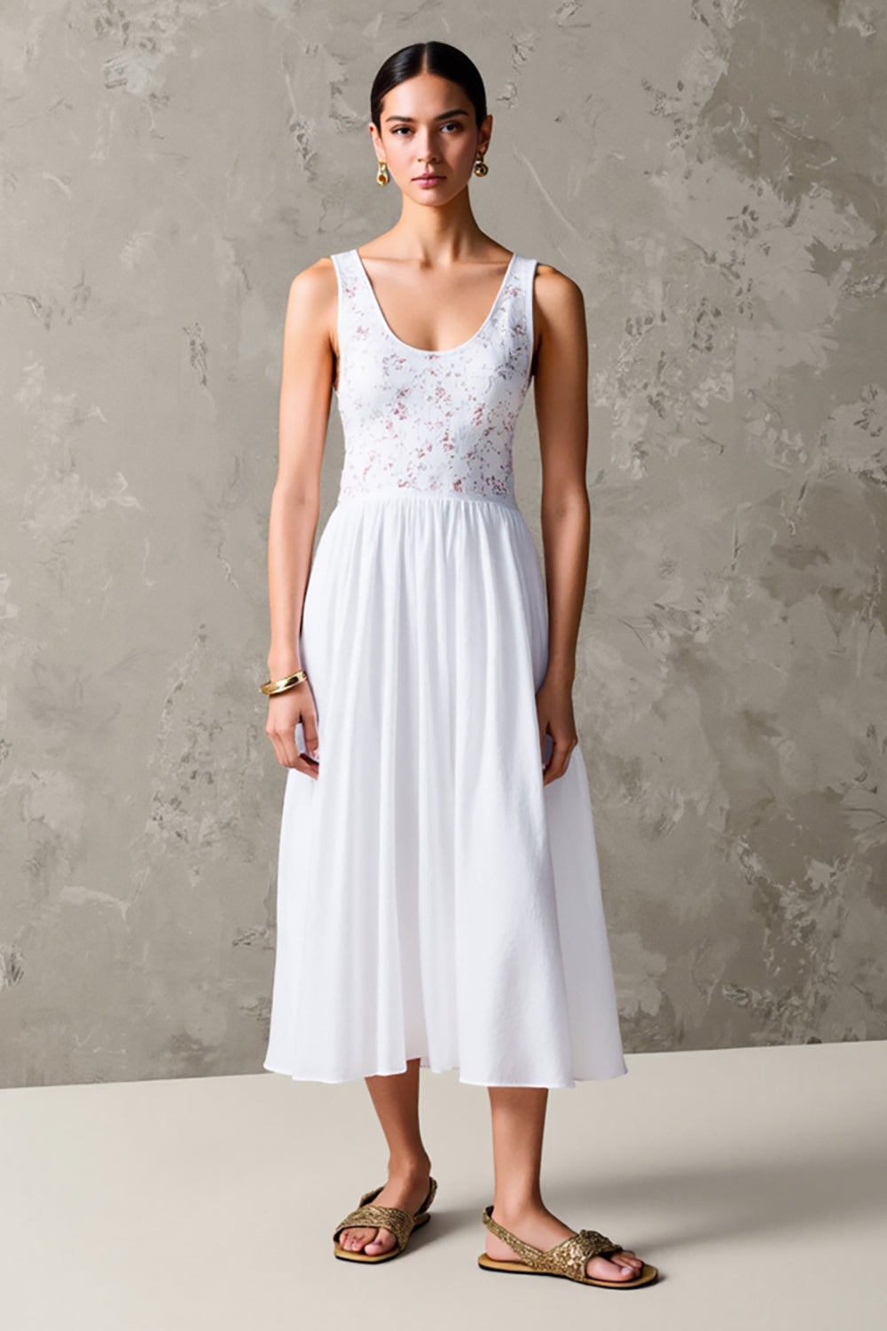 White A Line Scoop Wedding Guest Dress with Lace