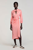Pink Satin Ruched Wedding Guest Dress with Bow