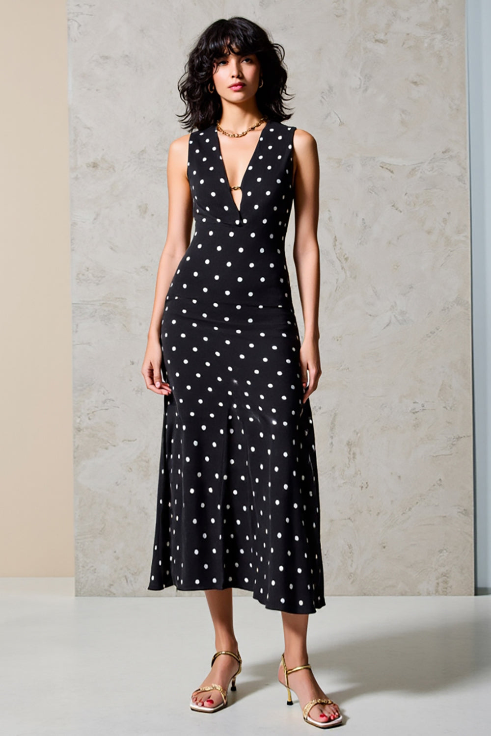 Polka Dot Black Chiffon Long Wedding Guest Dress