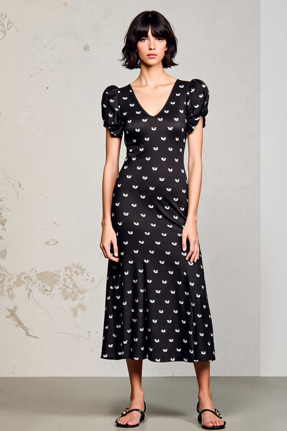 Black Satin V-Neck Long Wedding Guest Dress with Sleeves