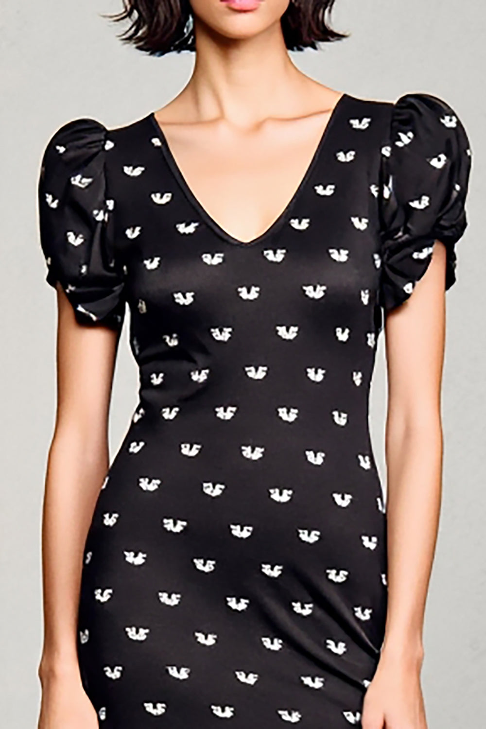 Black Satin V-Neck Long Wedding Guest Dress with Sleeves