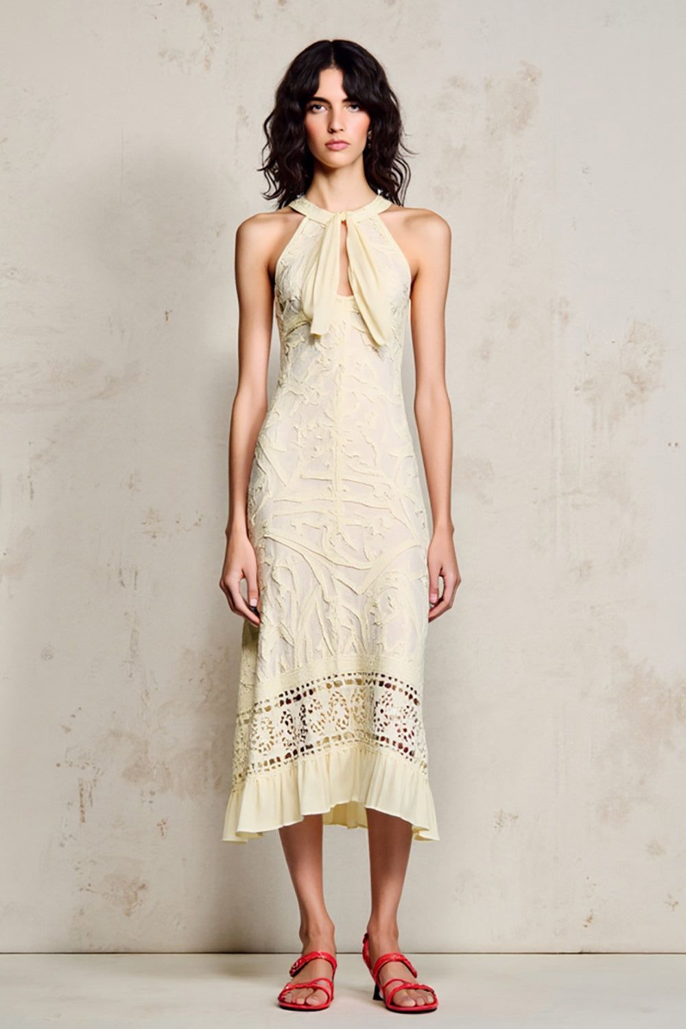 Apricot Lace Midi Wedding Guest Dress