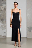 Black Sheath Spaghetti Straps Wedding Guest Dress with Slit