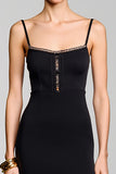 Black Sheath Spaghetti Straps Wedding Guest Dress with Slit