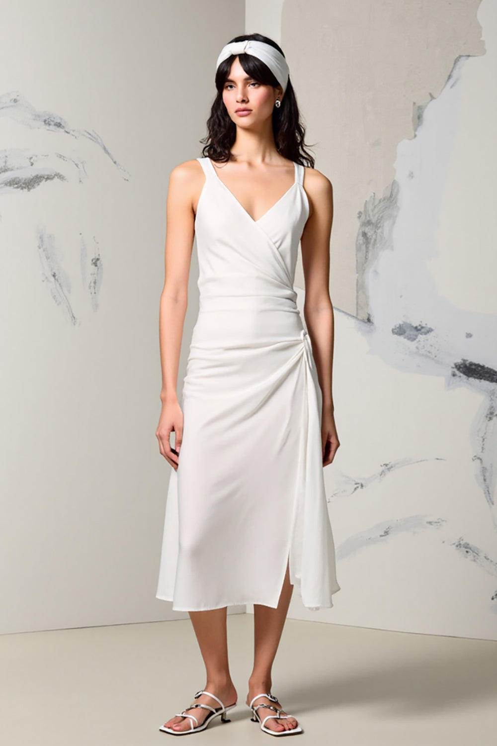 Ivory V-Neck Ruched Weding Guest Dress with Slit