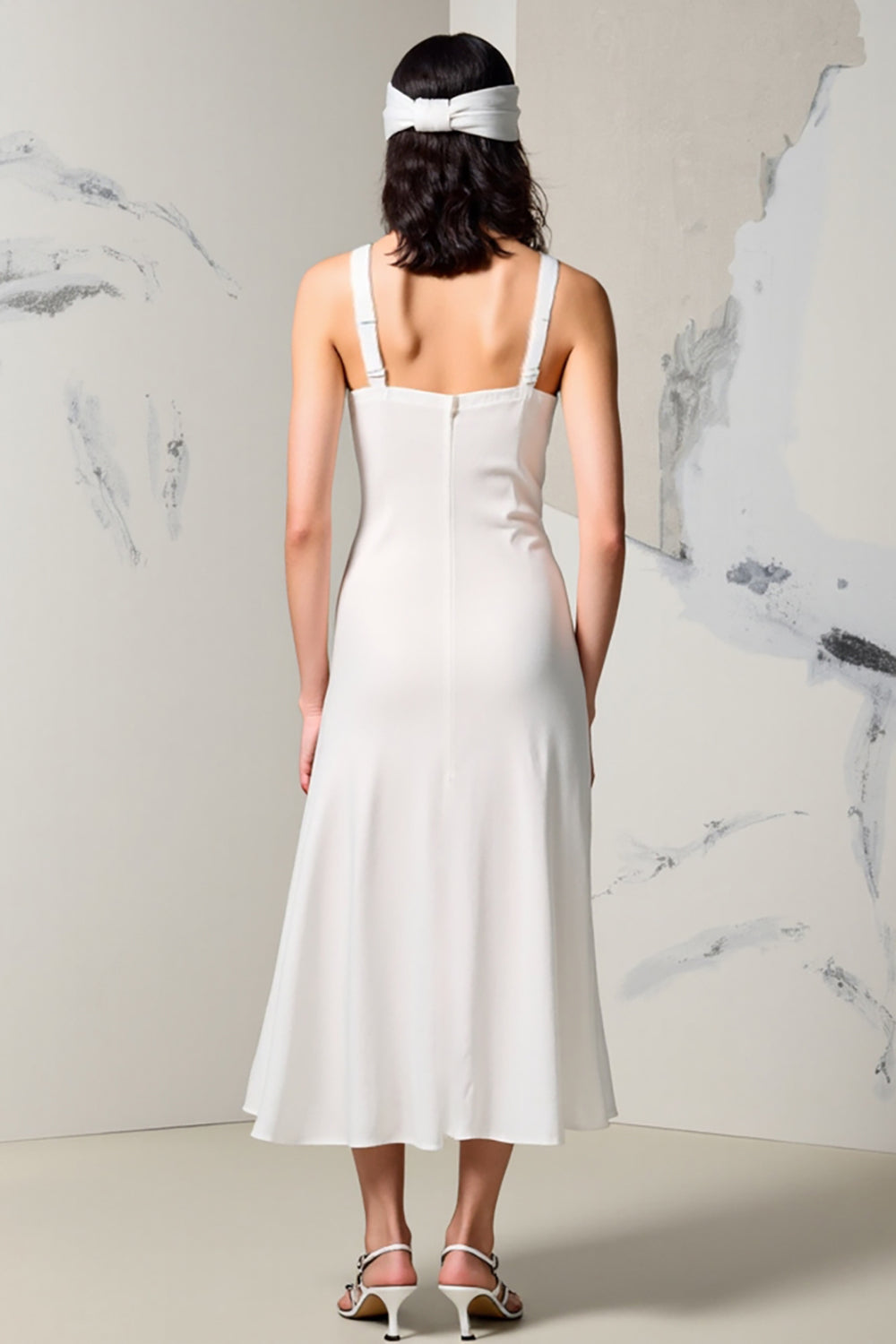 Ivory V-Neck Ruched Weding Guest Dress with Slit