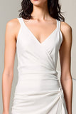 Ivory V-Neck Ruched Weding Guest Dress with Slit
