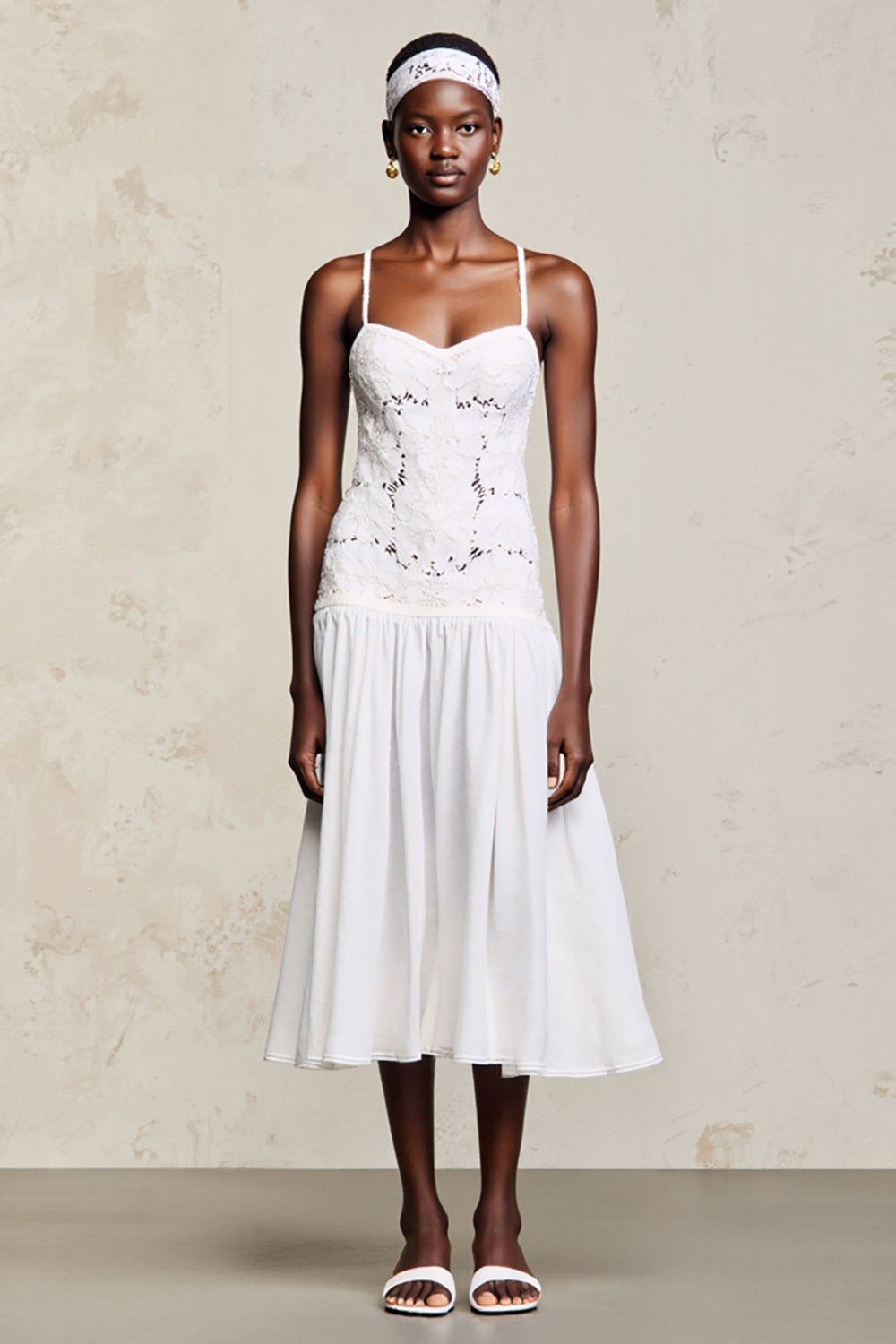 White A Line Midi Wedding Guest Dress with Lace