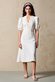 Ivory Sheath Puff Sleeves Weddig Guest Dress