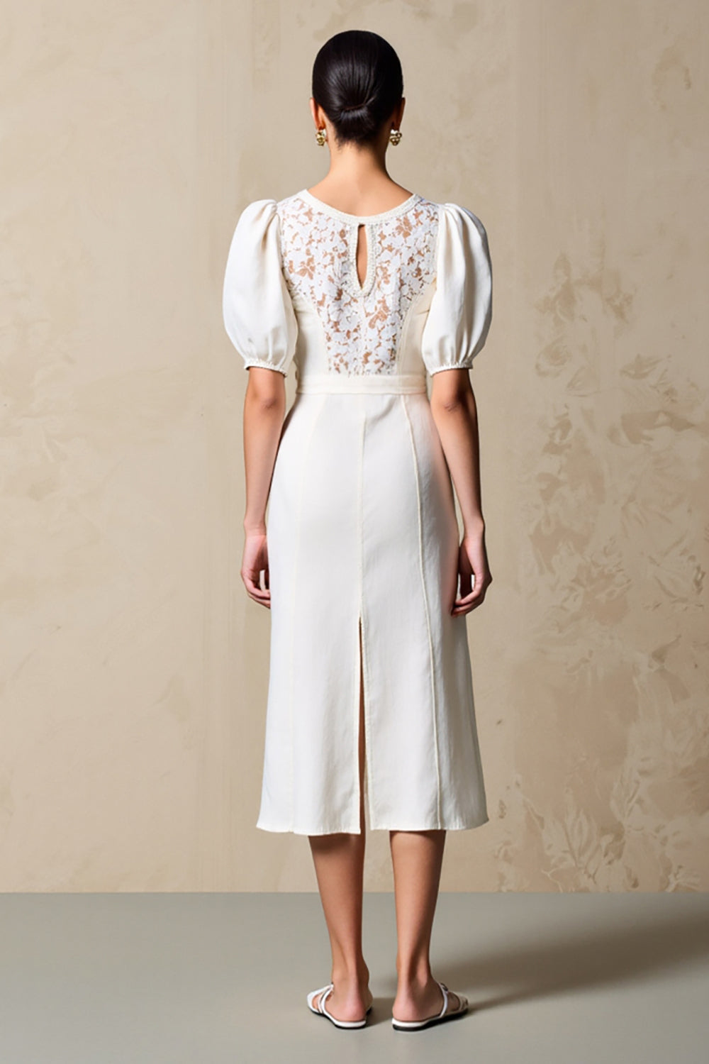 Ivory Sheath Puff Sleeves Weddig Guest Dress