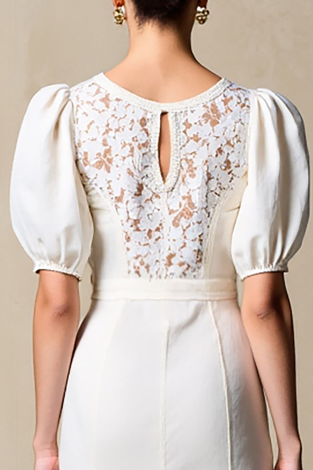 Ivory Sheath Puff Sleeves Weddig Guest Dress