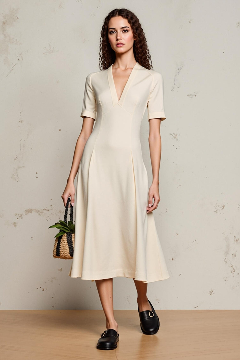Ivory A Line V-Neck Midi Wedding Guest Dress with Sleeves