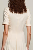 Ivory A Line V-Neck Midi Wedding Guest Dress with Sleeves