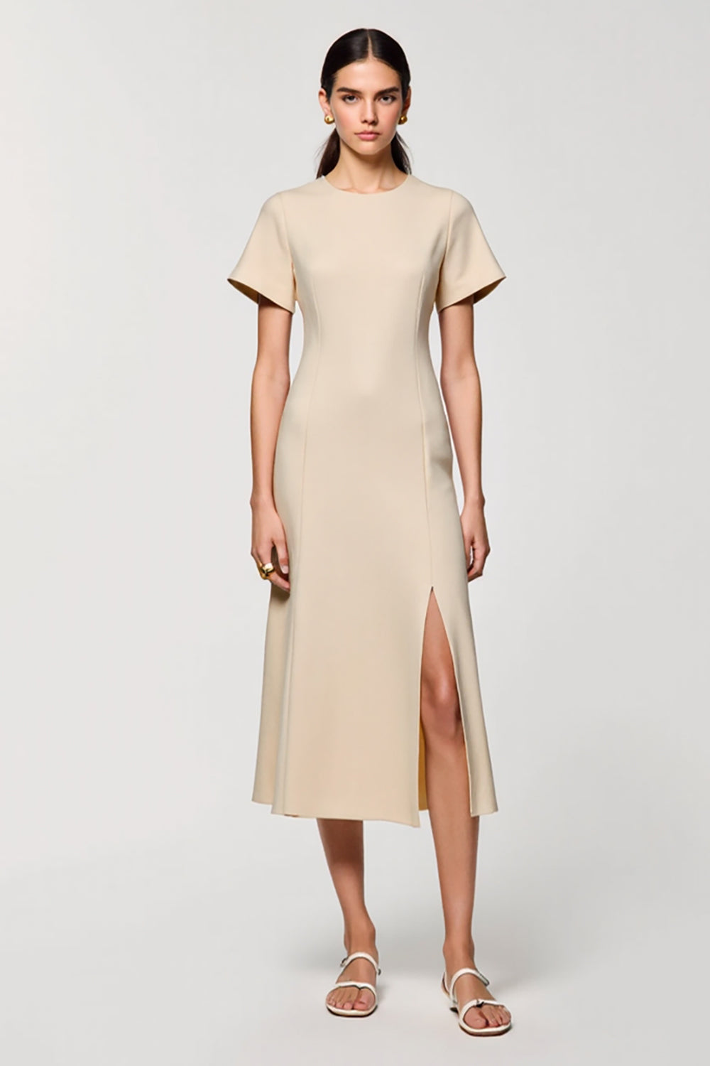 Apricot Sheath Midi Wedding Guest Dress with Slit