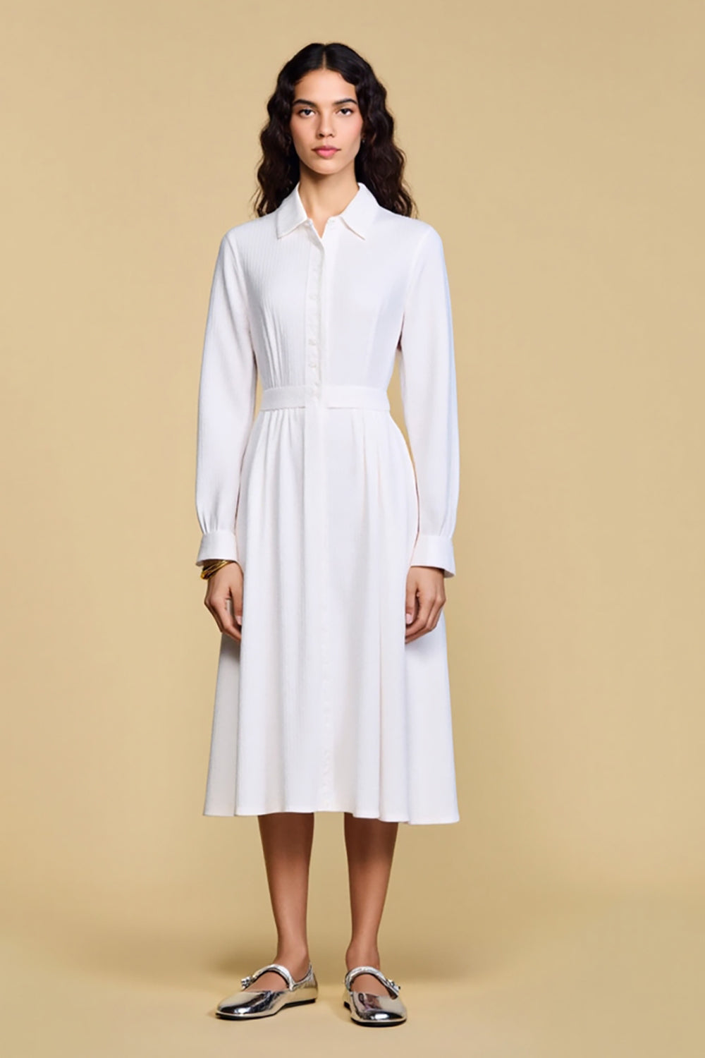 White A LIne Cllar Neck Long Wedding Guest Dress with Sleeves