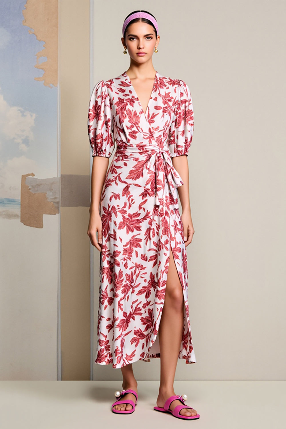 Pink Printed Ruffled Long Wedding Guest Dress with Slit