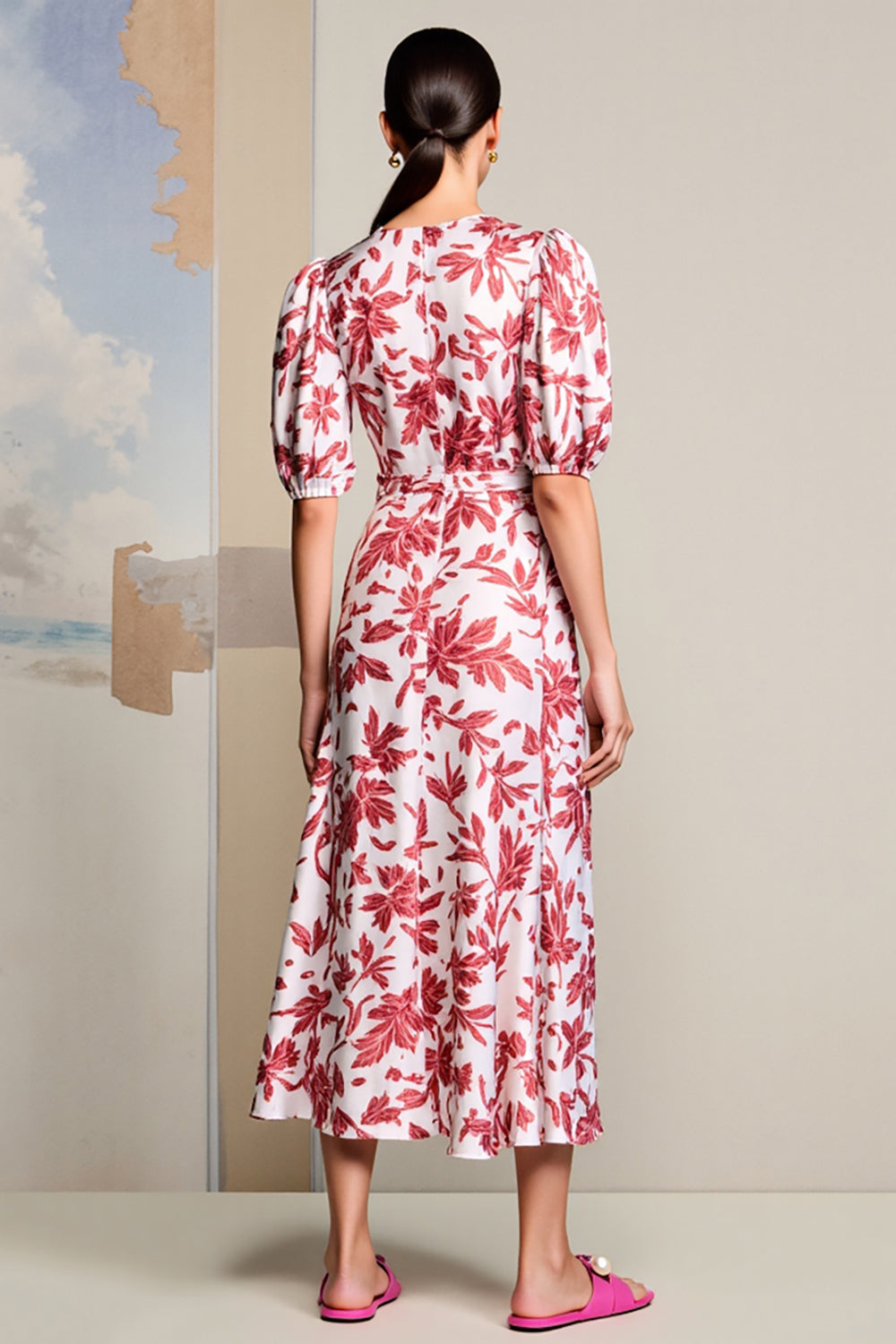 Pink Printed Ruffled Long Wedding Guest Dress with Slit