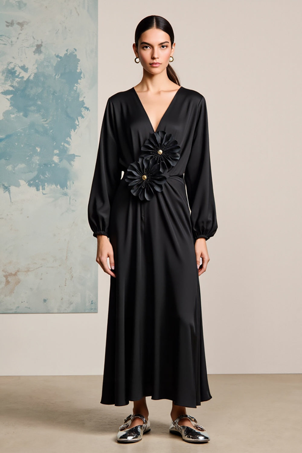 Black Satin Long Sleeves Wedding Guest Dress with 3D Flowers
